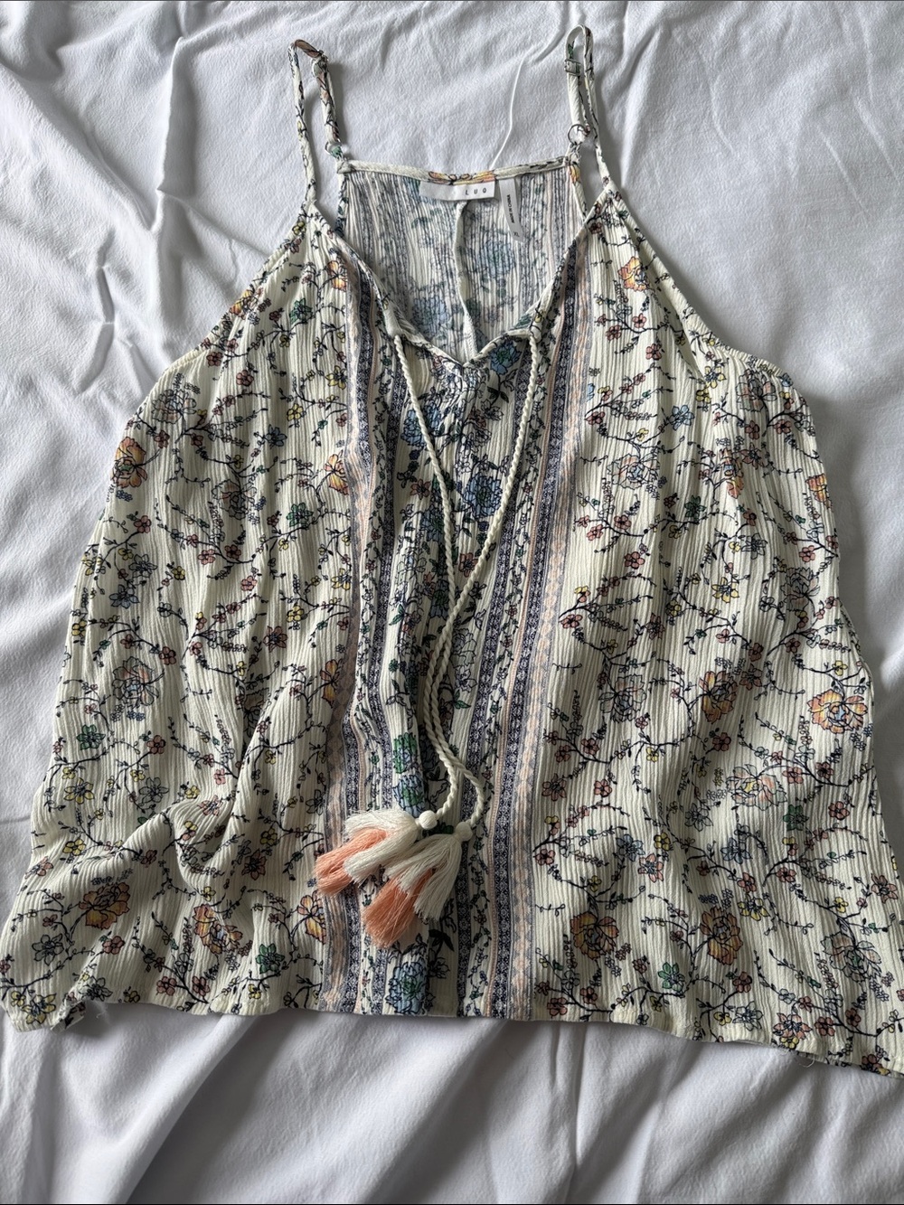 Boho Tassel-Detail Cream Floral Cami Tank Top